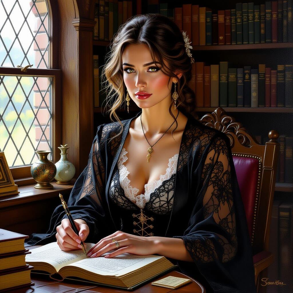 Female Mage in Study, Detailed Oil Painting