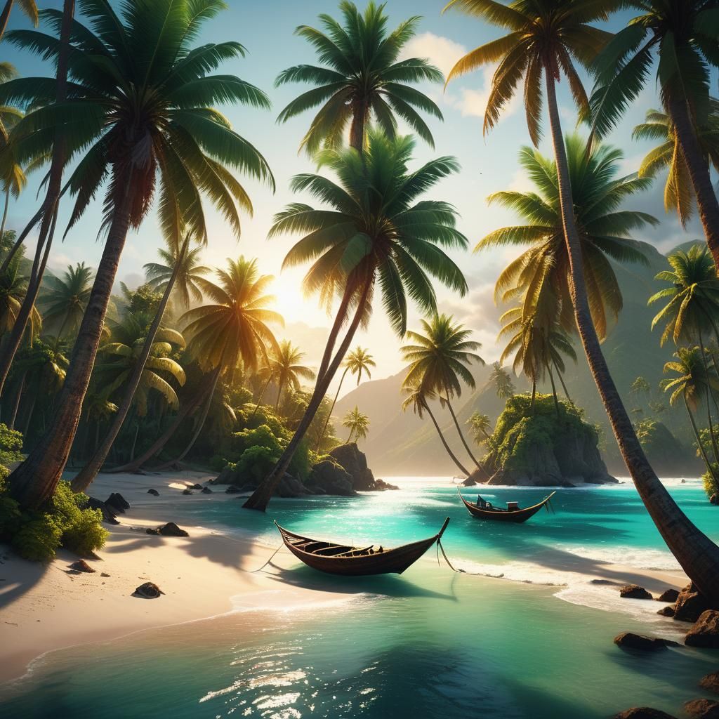 Tranquil Beach with Palm Trees in Romantic Style