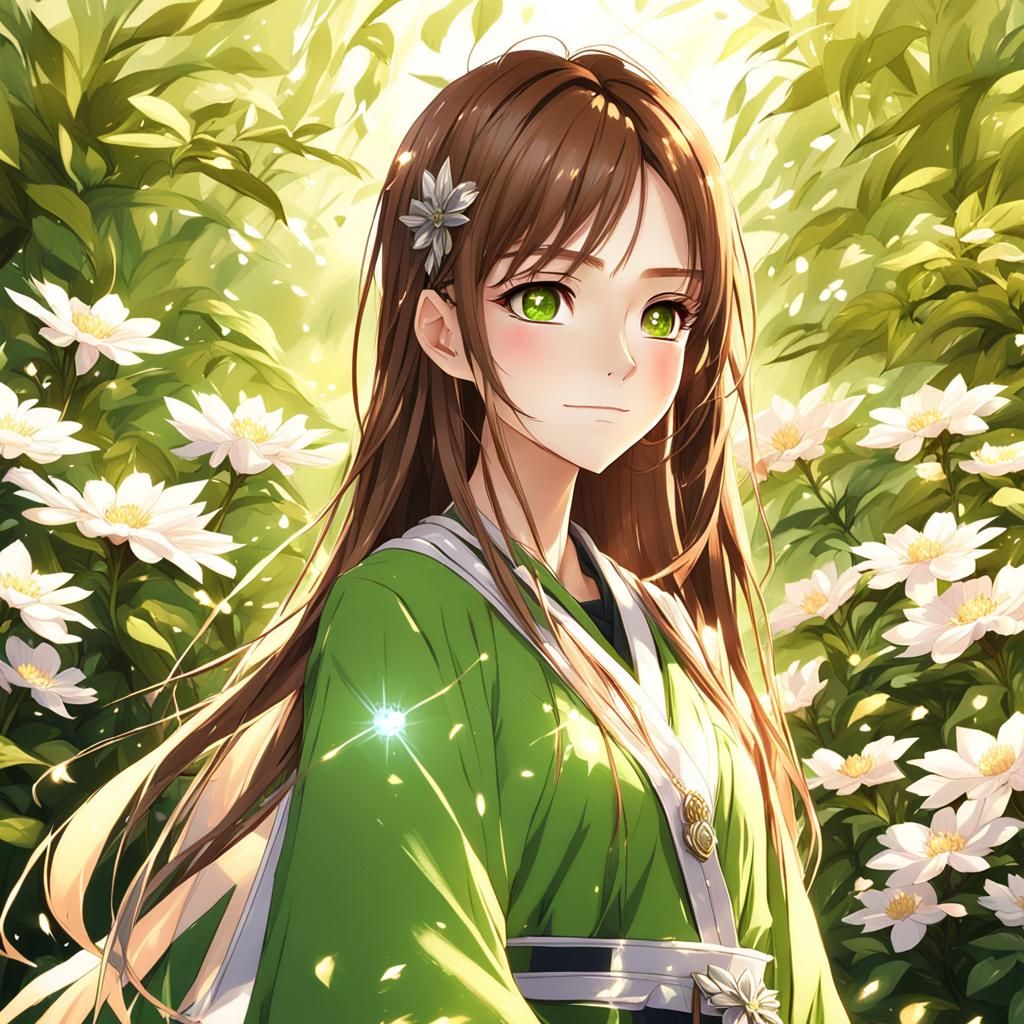 Anime Girl with Flowers and Diamonds in 3D Style