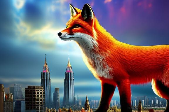 Stained Glass Fox Walks in Realistic City