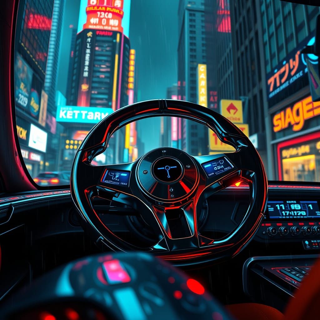 Futuristic Hovercar Steering Wheel in Neon Cyberpunk City