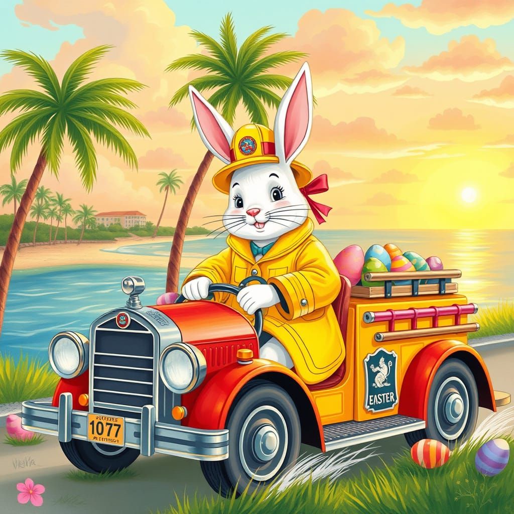 Easter Bunny Cruises Florida Beach in Vintage Fire Engine