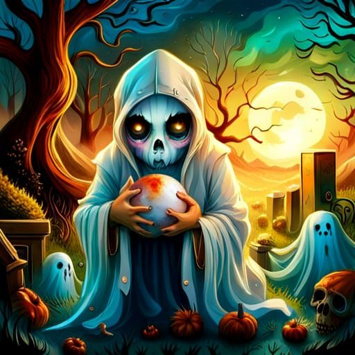 Whimsical Ghost Plays Ball in Graveyard Art