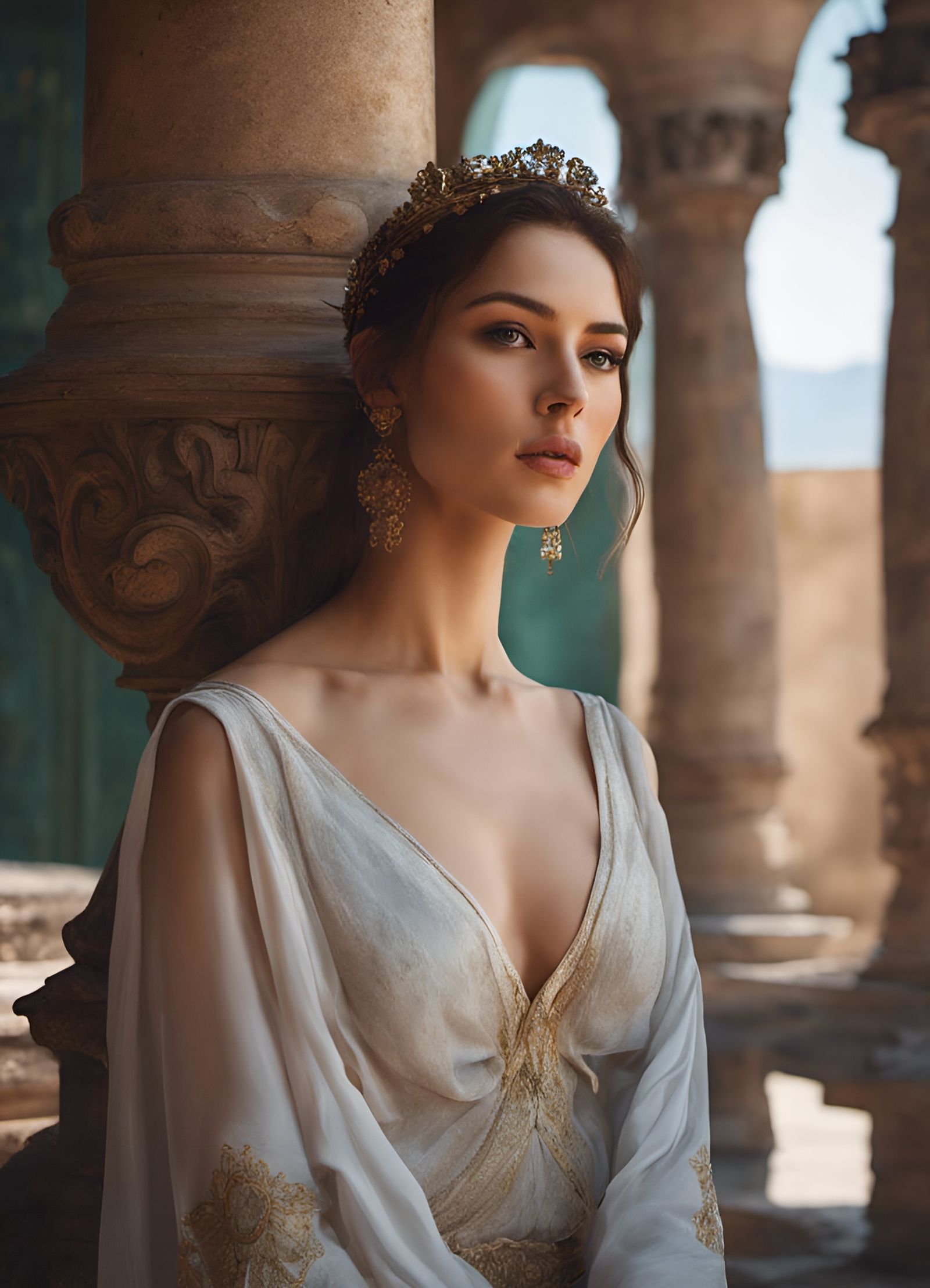 Provocative Megara in Greek Palace: Hyperrealistic Portrait