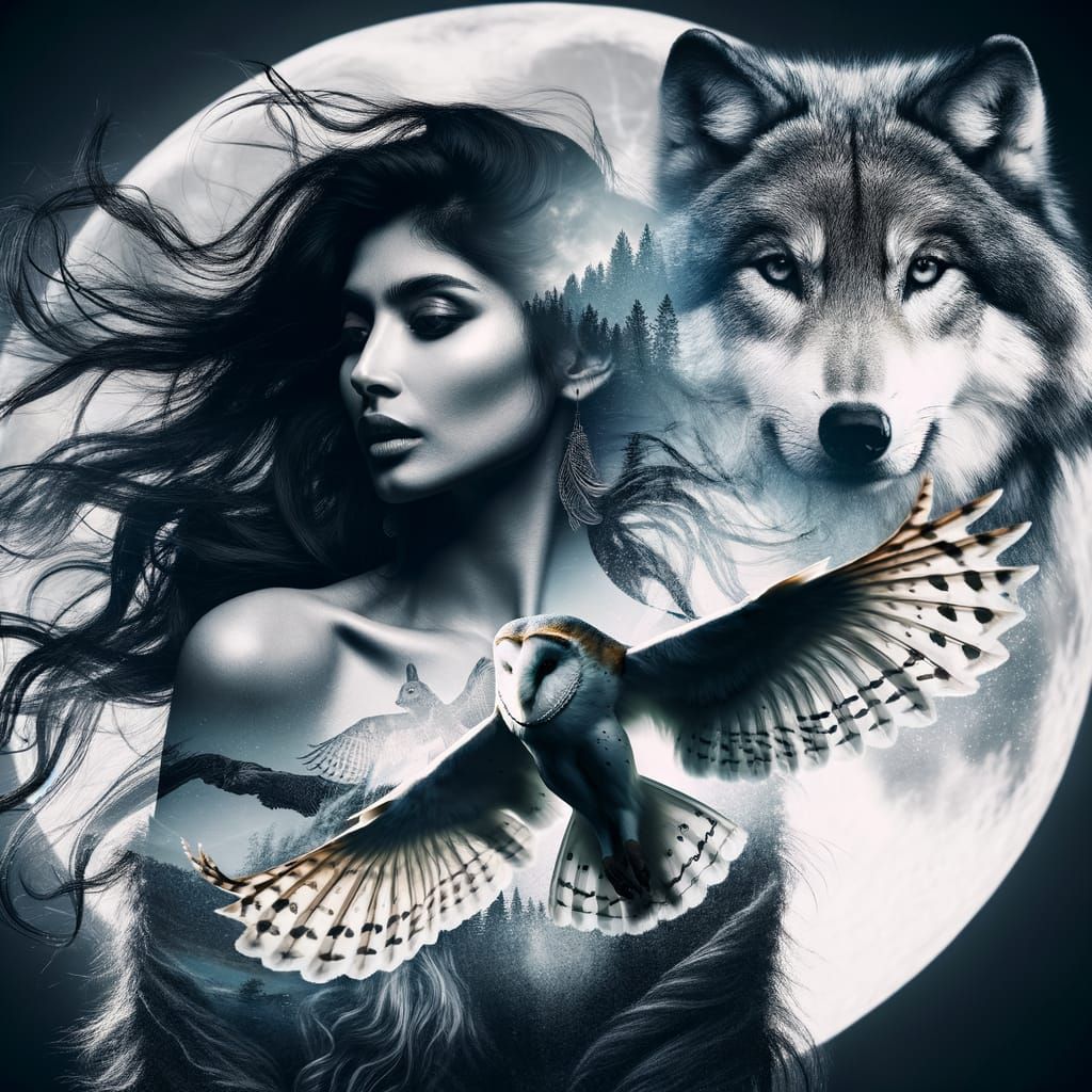 Ethereal Night Scene with Wolf, Owl, and Long-Haired Woman