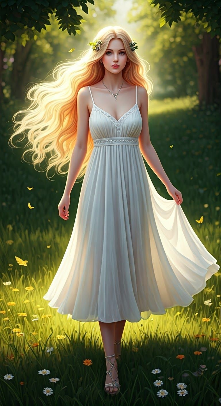 Goddess Walking on Meadow in Sunlight