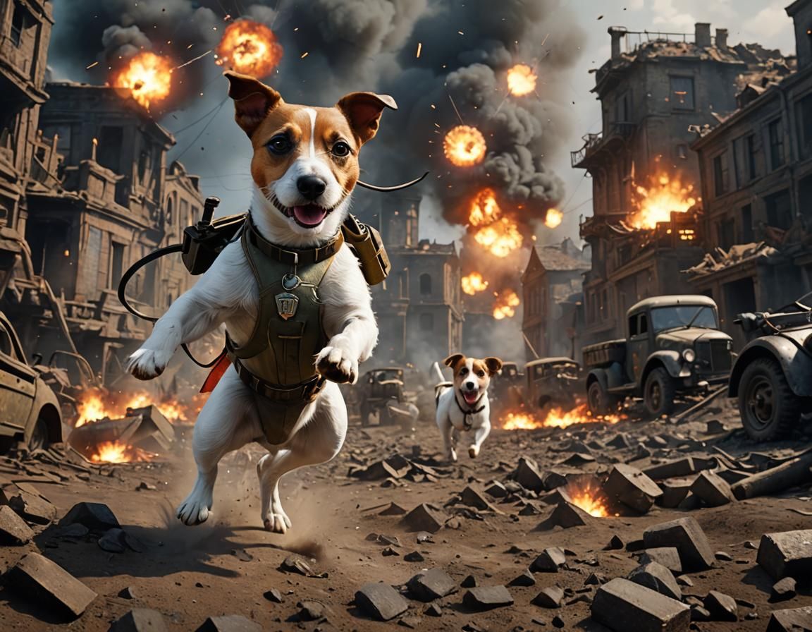 Heroic Jack Russell Dog in World War II Matte Painting