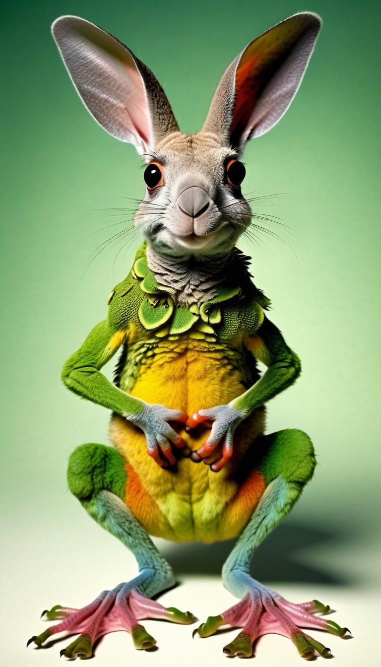 Surreal Mixed Animal Composite: Kangaroo, Parrot, Rabbit, Fr...