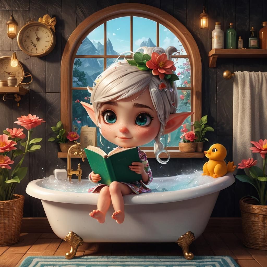 Elf Girl Reading in Bathtub: 3D Cartoon Illustration