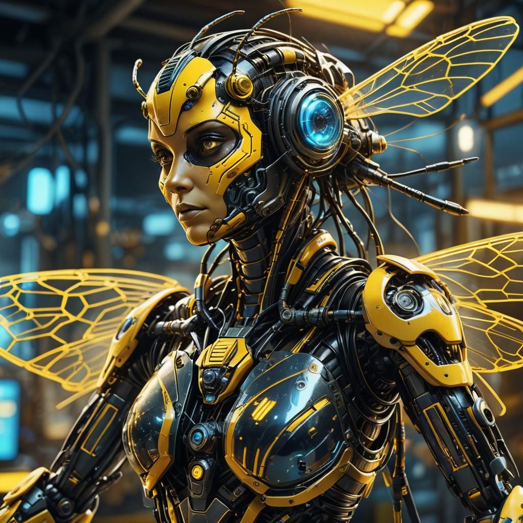 Mechanical Bionic Bee Woman in Art Deco Futurism