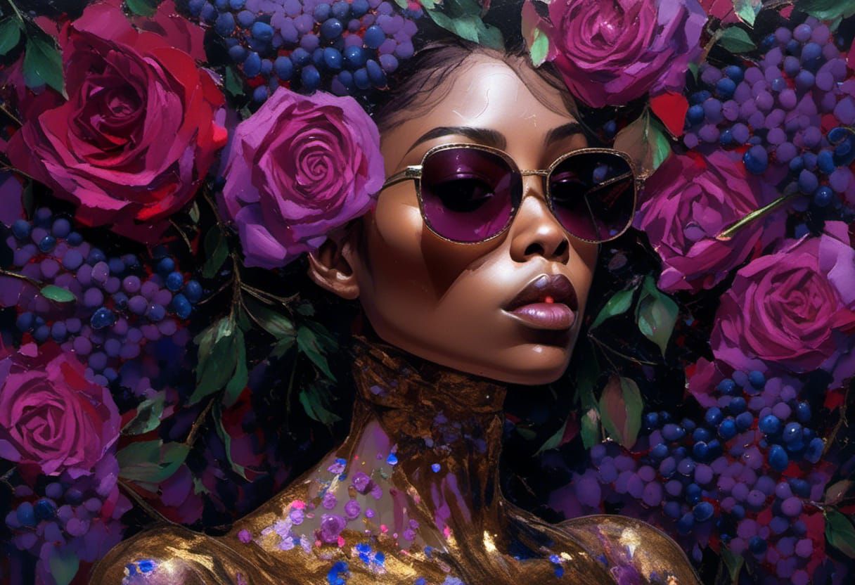 Fashionable Black Woman with Roses in Detailed Digital Art