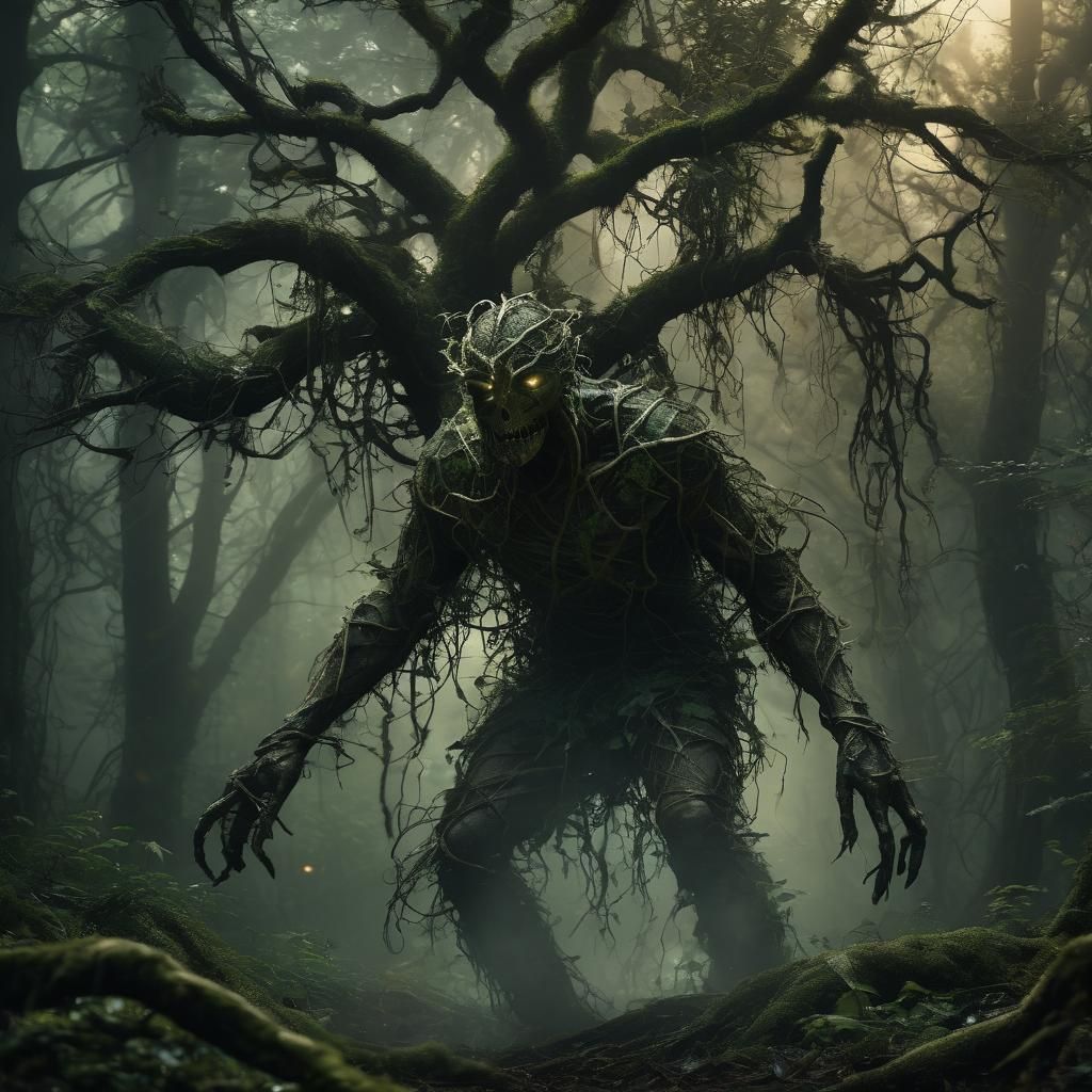Eerie Green Man Emerges from Dark Lush Forest