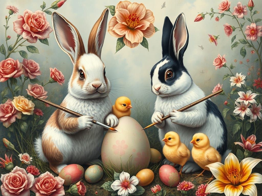 Bunnies and Chicks Painting Easter Eggs as Vintage Charcoal ...