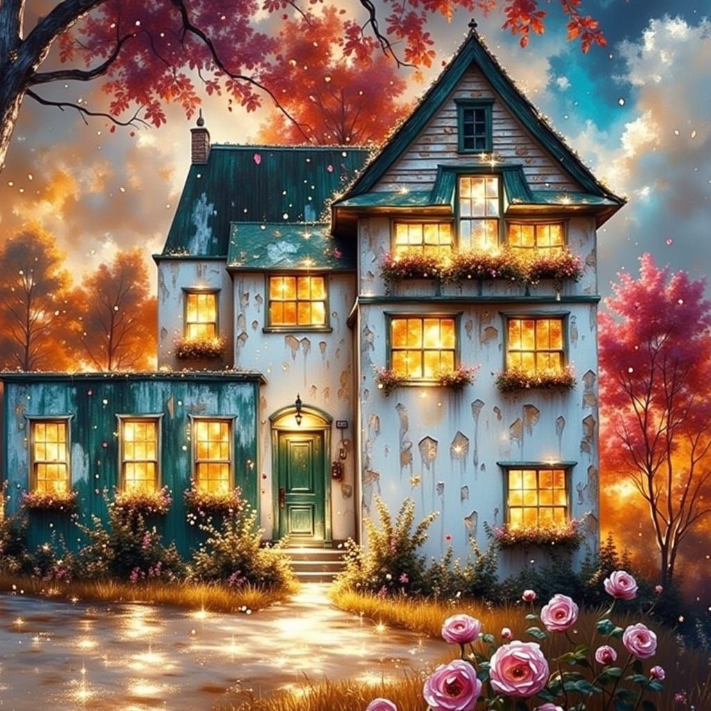 Dilapidated House in Flower Garden: Impressionist Digital Ar...