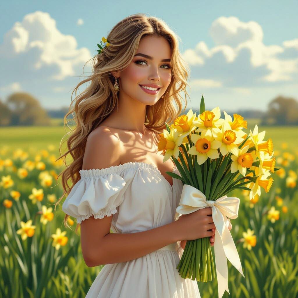 Woman with Daffodils in Fantasy Art Style