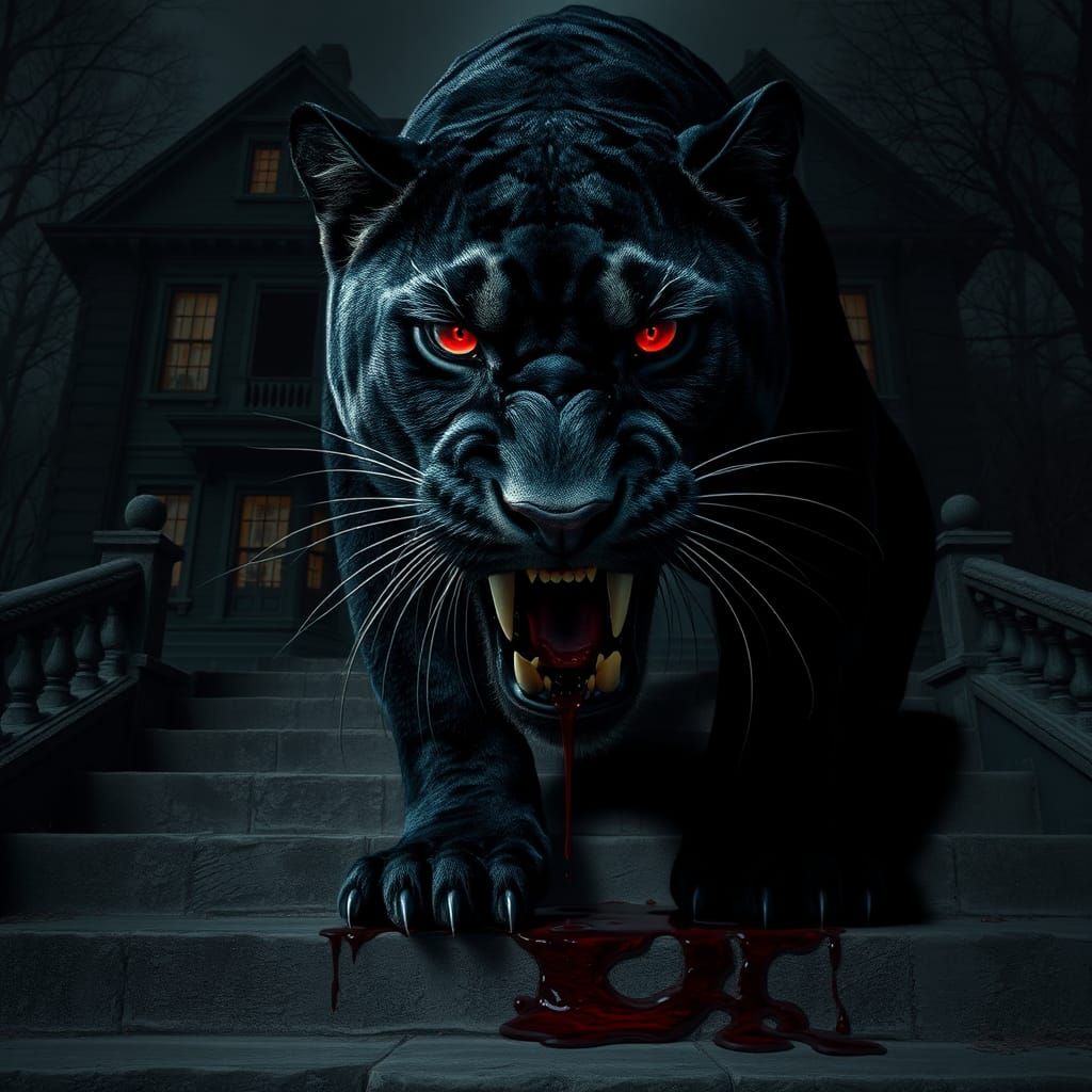 Menacing Panther in Front of Ancient Mansion