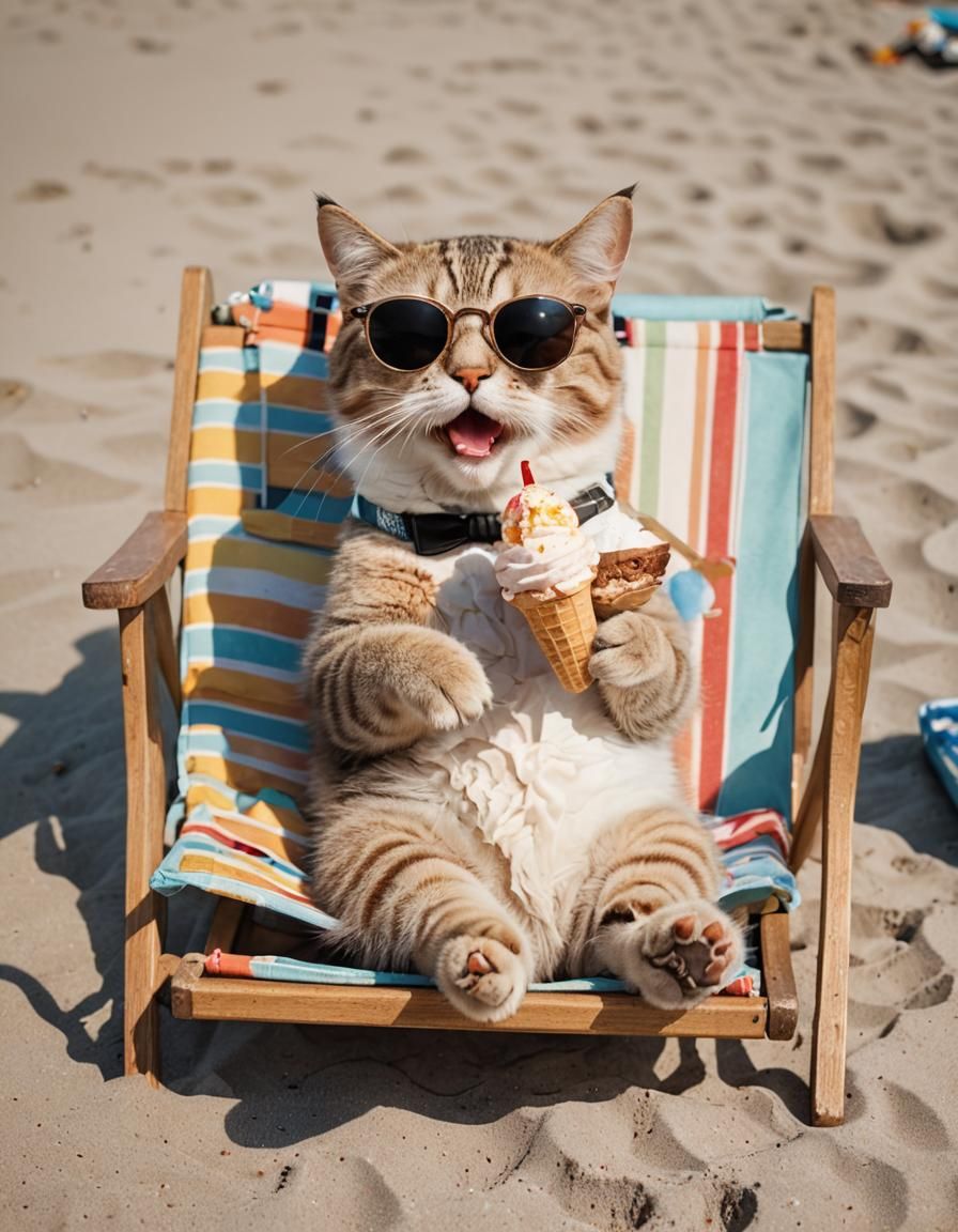 "A cat eating ice cream whilst lying on a beach chair at the...