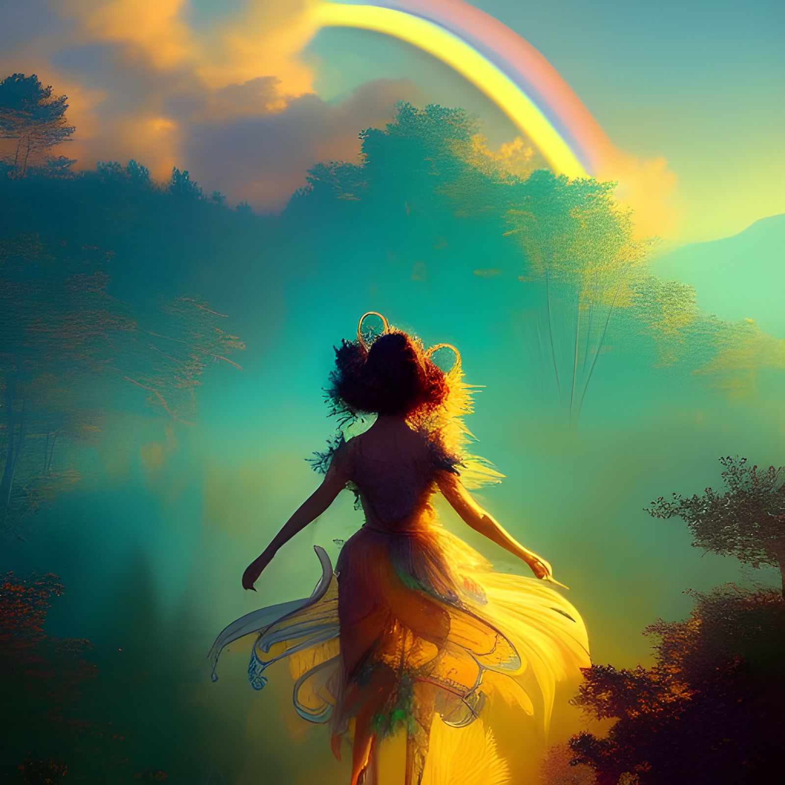 Fairy Walking on Rainbow in Golden Hour Light