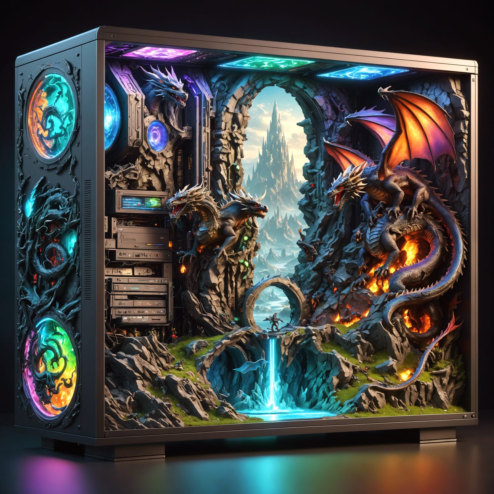 Fantasy Microcosm Inside Gaming PC as Matte Painting