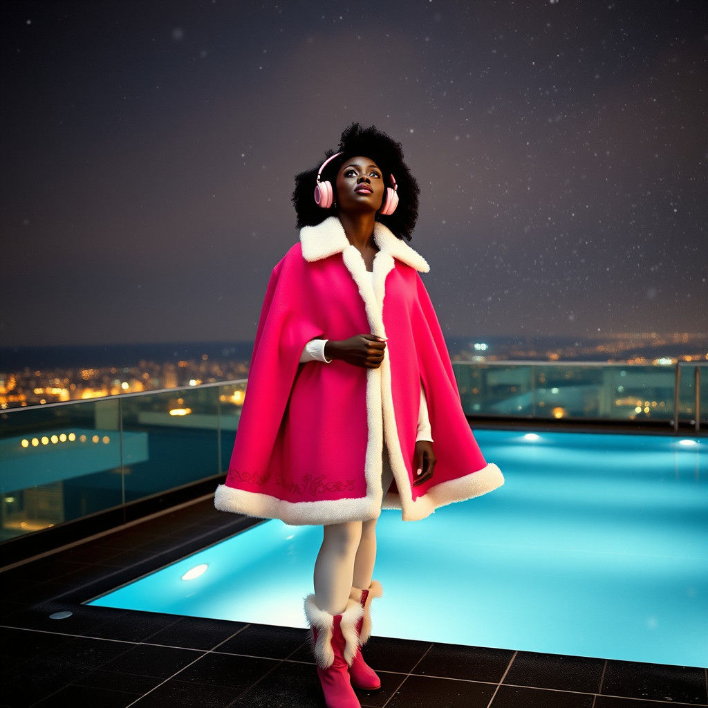 Woman in Pink Watching Snowfall at Night