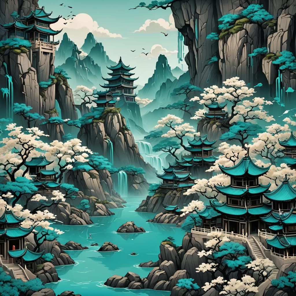 Detailed Oriental Screen in Matte Painting Style