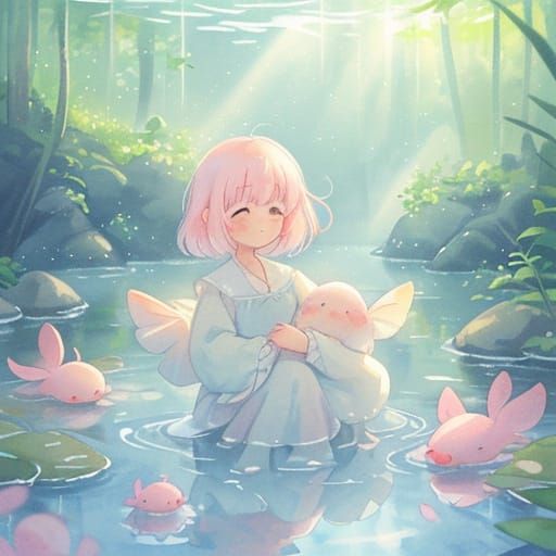 Whimsical Axolotl in Dreamy Watercolor Landscape