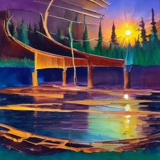 Abstract Impasto Sunset with Broken Bridge