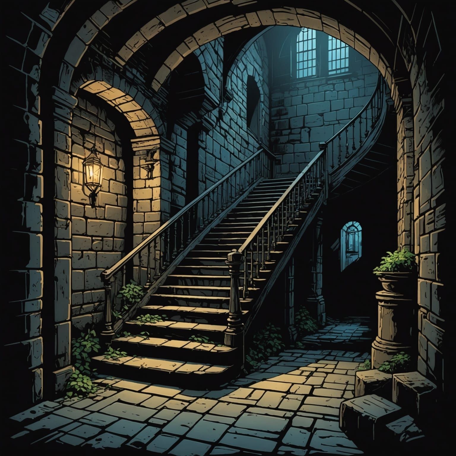Dark Cellar Staircase in Comic Book Style