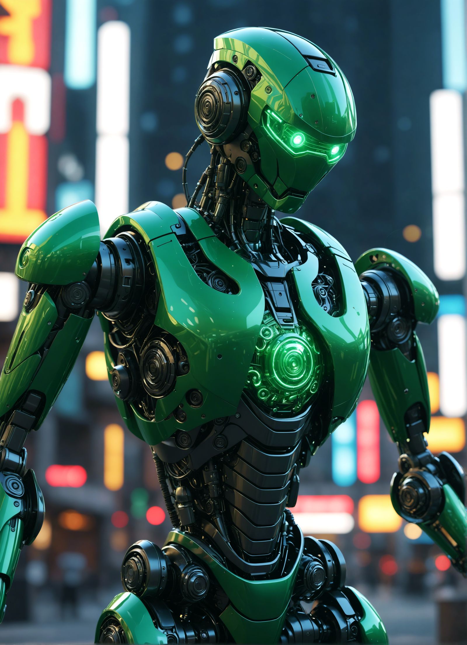 Futuristic Green Robot in Bright Cityscape