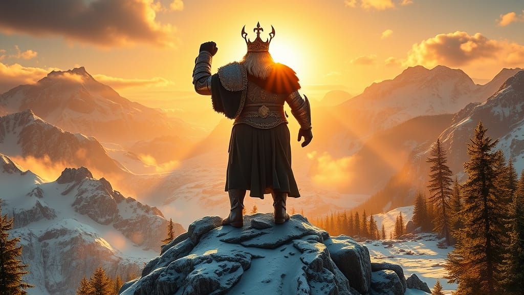 Viking King Triumphs Amidst Majestic Mountainscapes in Maxim...