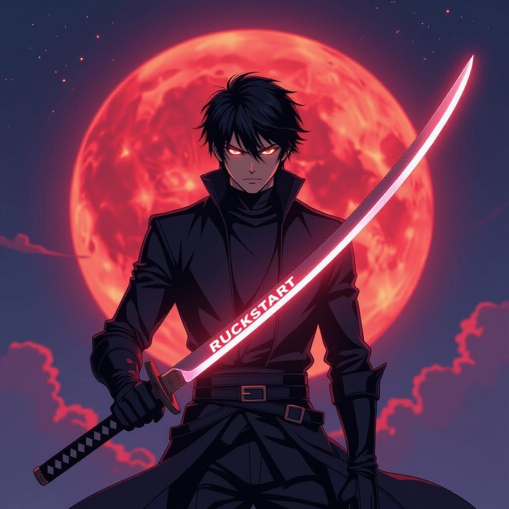 Anime Character with Glowing Sword and Red Moon