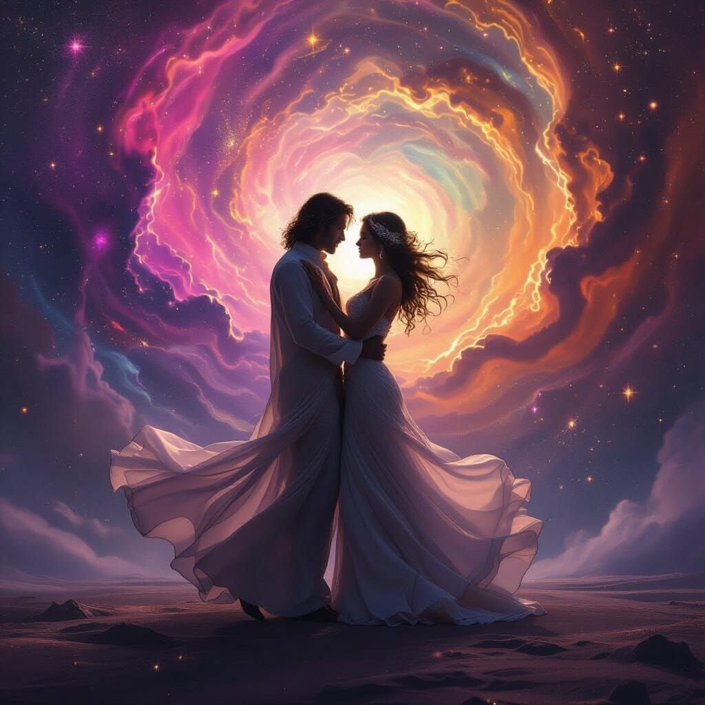 Cosmic Dance: Couple Silhouetted Against Swirling Nebula