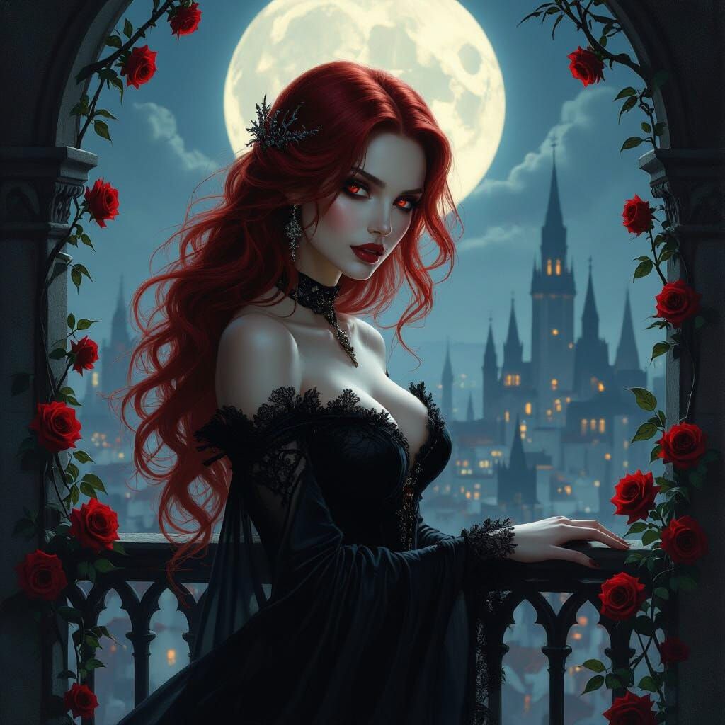Vampire Queen on Moonlit Balcony in Romantic Horror Style