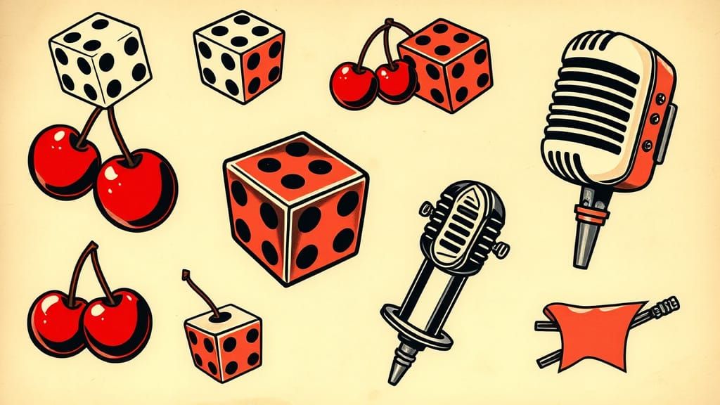 Rockabilly Tattoo Flash Sheet with Dice and Cherries