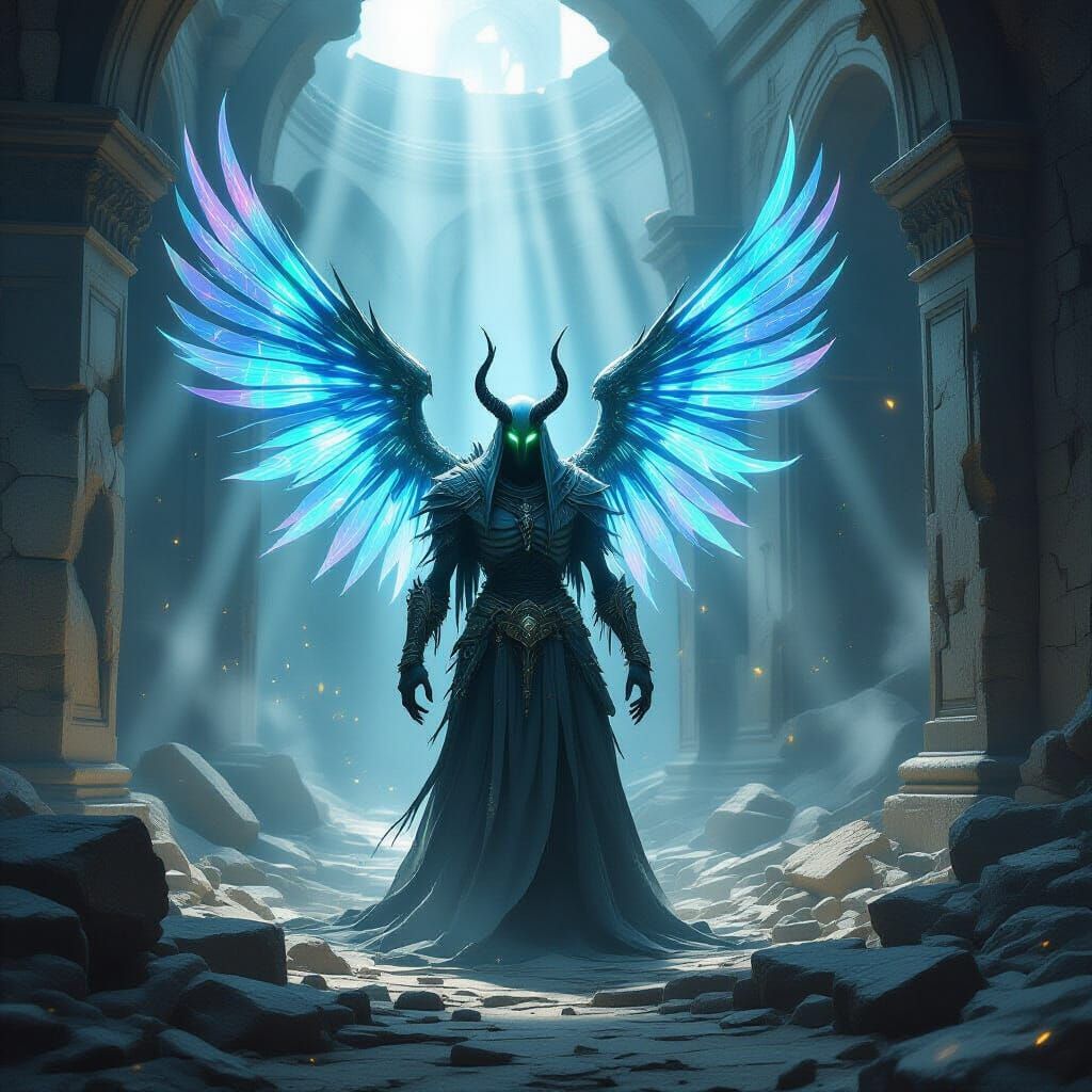 Ancient Draugr with Ethereal Wings in Ruined City