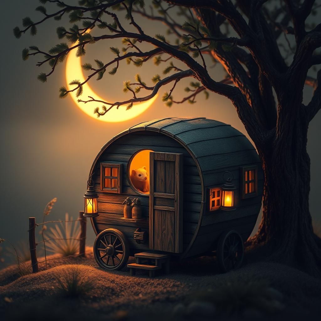 Mystical Caravan Under Crescent Moon in Fantasy Style