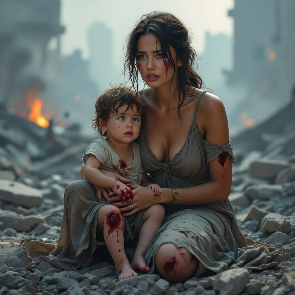 Desperate Mother and Child in Sci-Fi Ruins