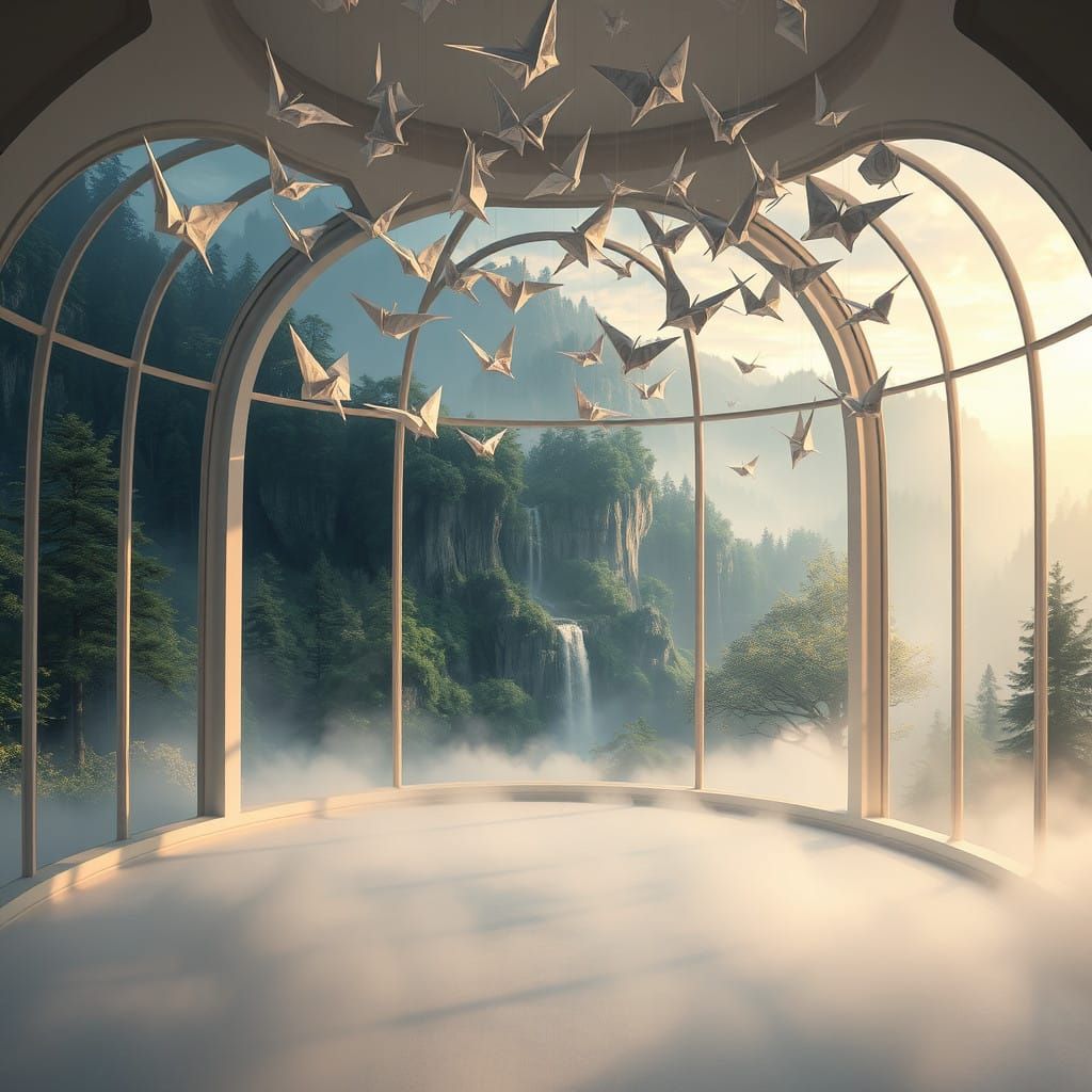 Dreamlike Origami Sanctuary in Eerie, Iridescent Landscapes