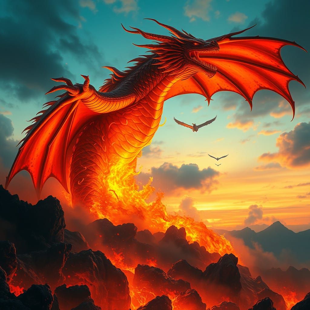 Fiery Dragon Emerges from Inferno in Cyberpunk Aesthetic