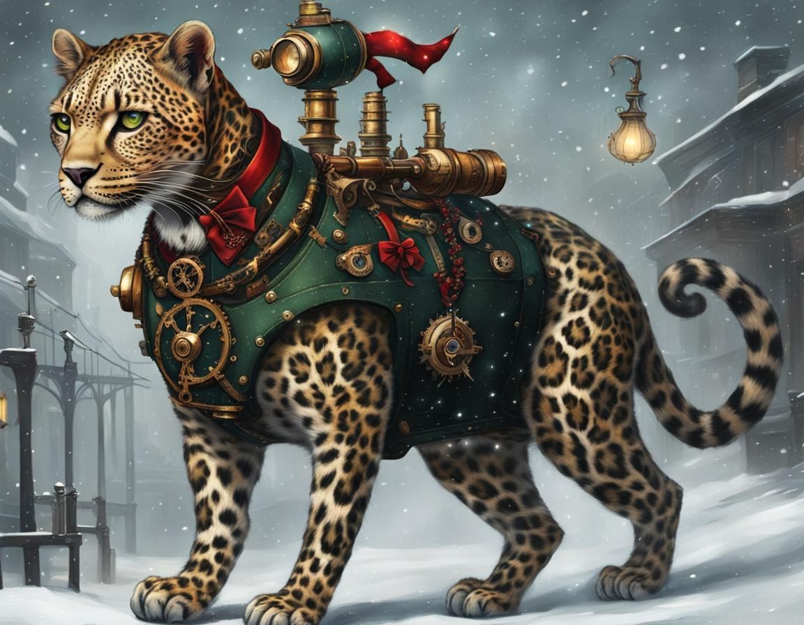 Steampunk Leopard Celebrates Christmas in Lovecraft Style