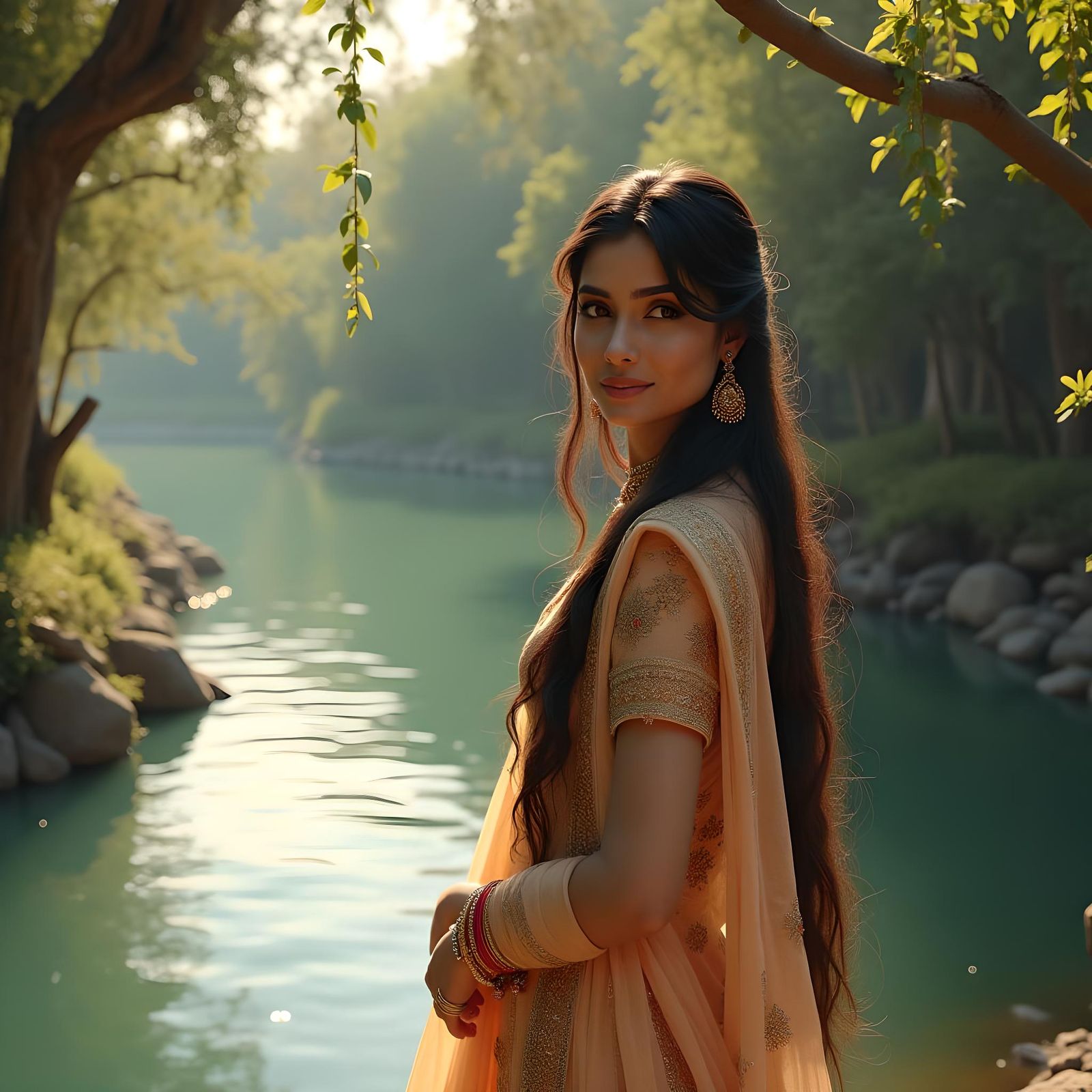 Young Indian Woman in Traditional Dress by River