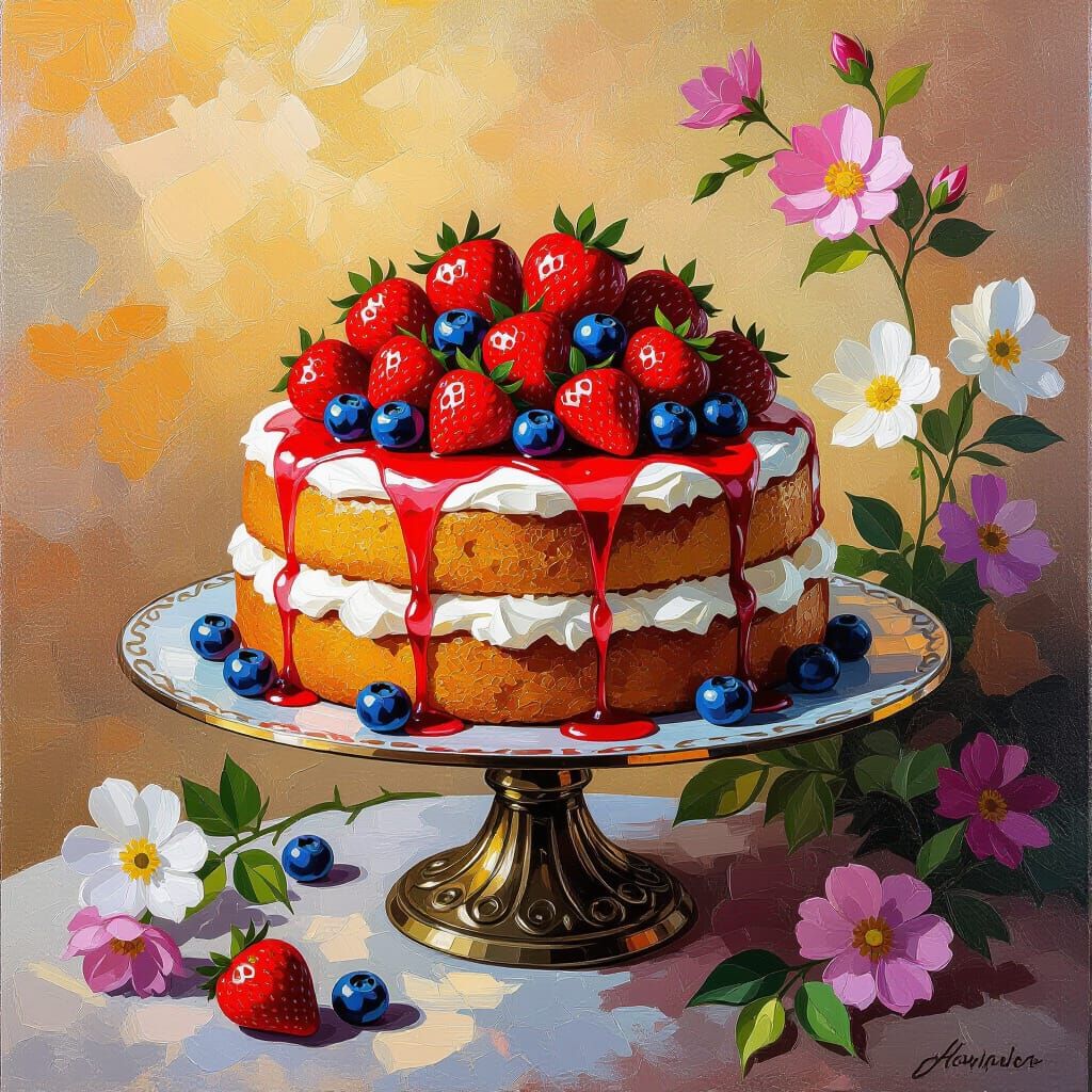 Vintage Angel Food Cake with Berries and Flowers, Impasto St...