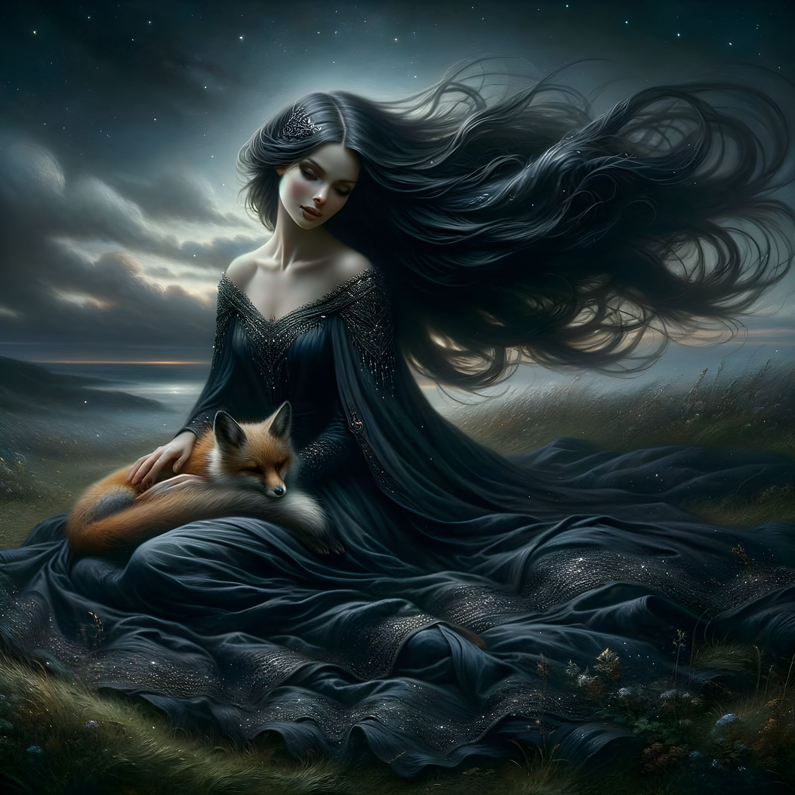 Norse Goddess in Starlit Night, Gentle Affection for Fox Pup