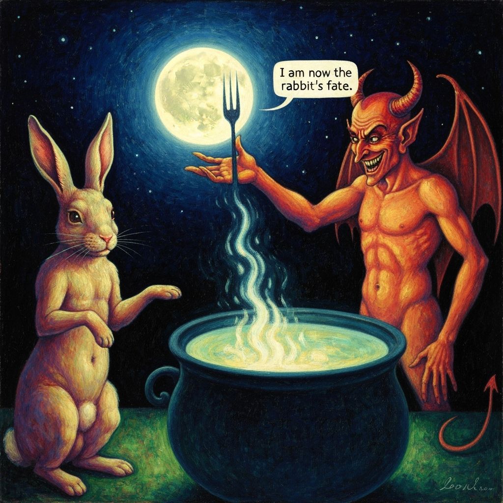 Devil's Sinister Grin Controls Rabbit's Fate Under Moonlight