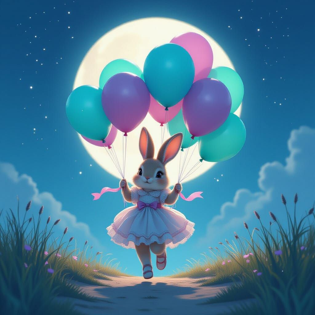Bunny's Balloon Flight Under Moonlight