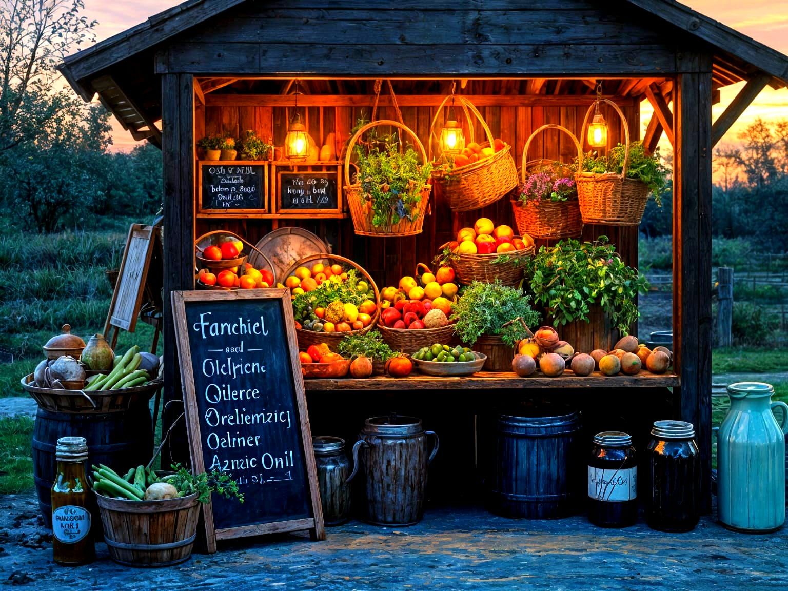 Whimsical Farmstand at Sunset in Sfumato Style