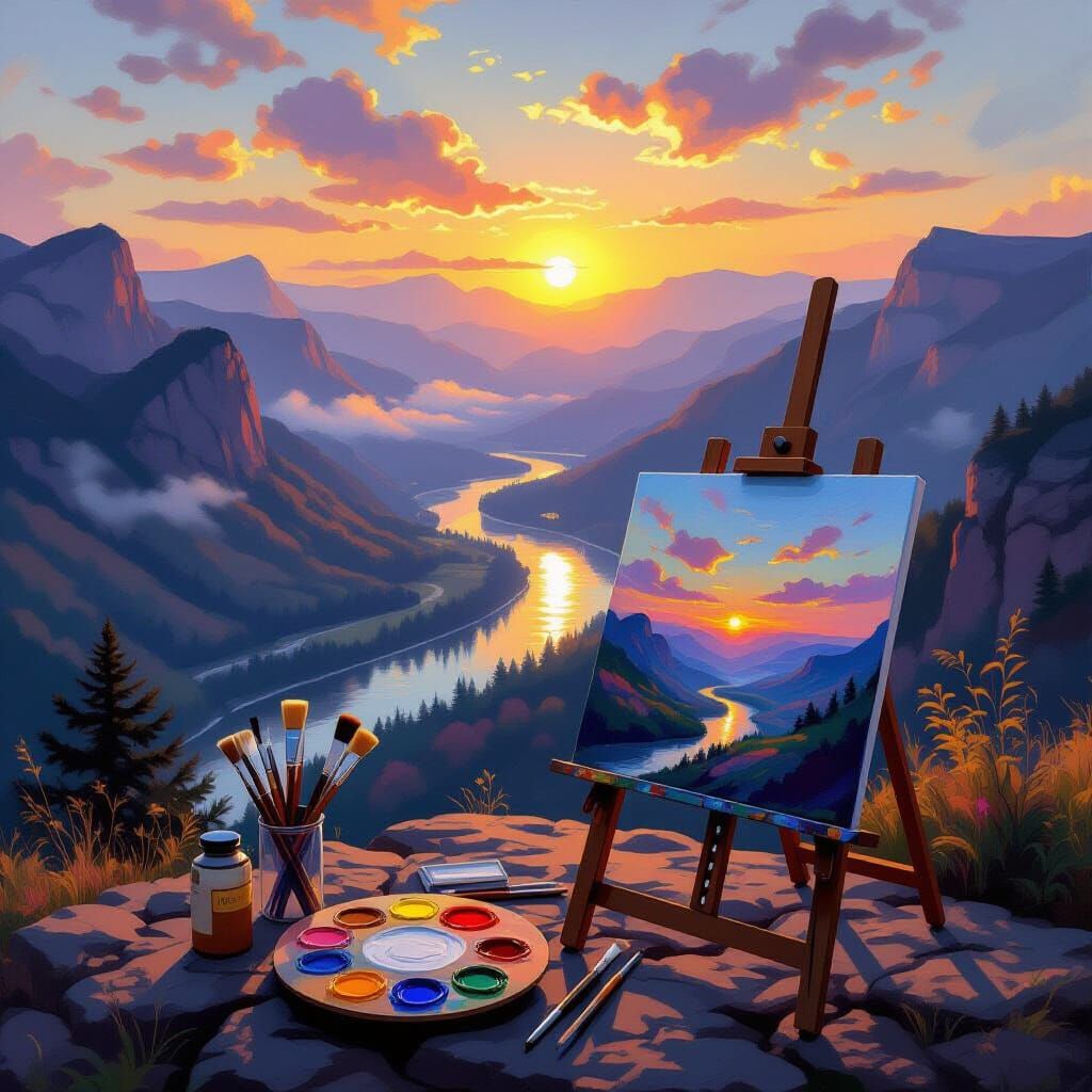 Sunrise Landscape Painting Scene on Easel