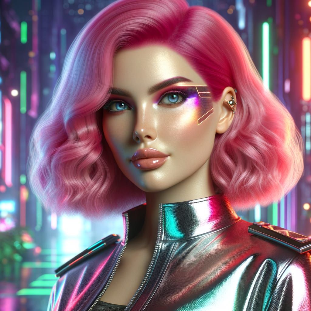 Confident Futuristic Woman in Cyberpunk City