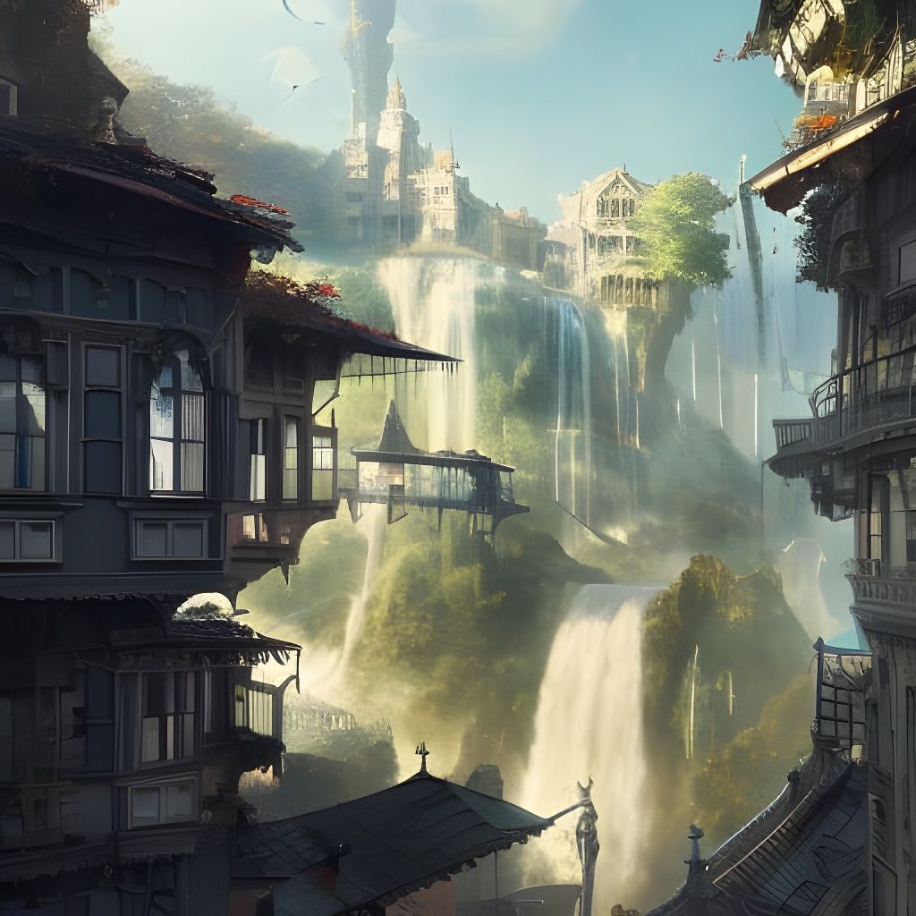 Victorian City Cascading Down a Great Waterfall