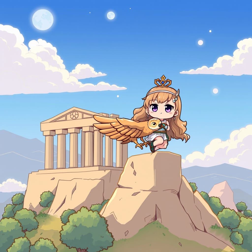 Chibi Anime Athena soars over the Acropolis on a majestic ow...